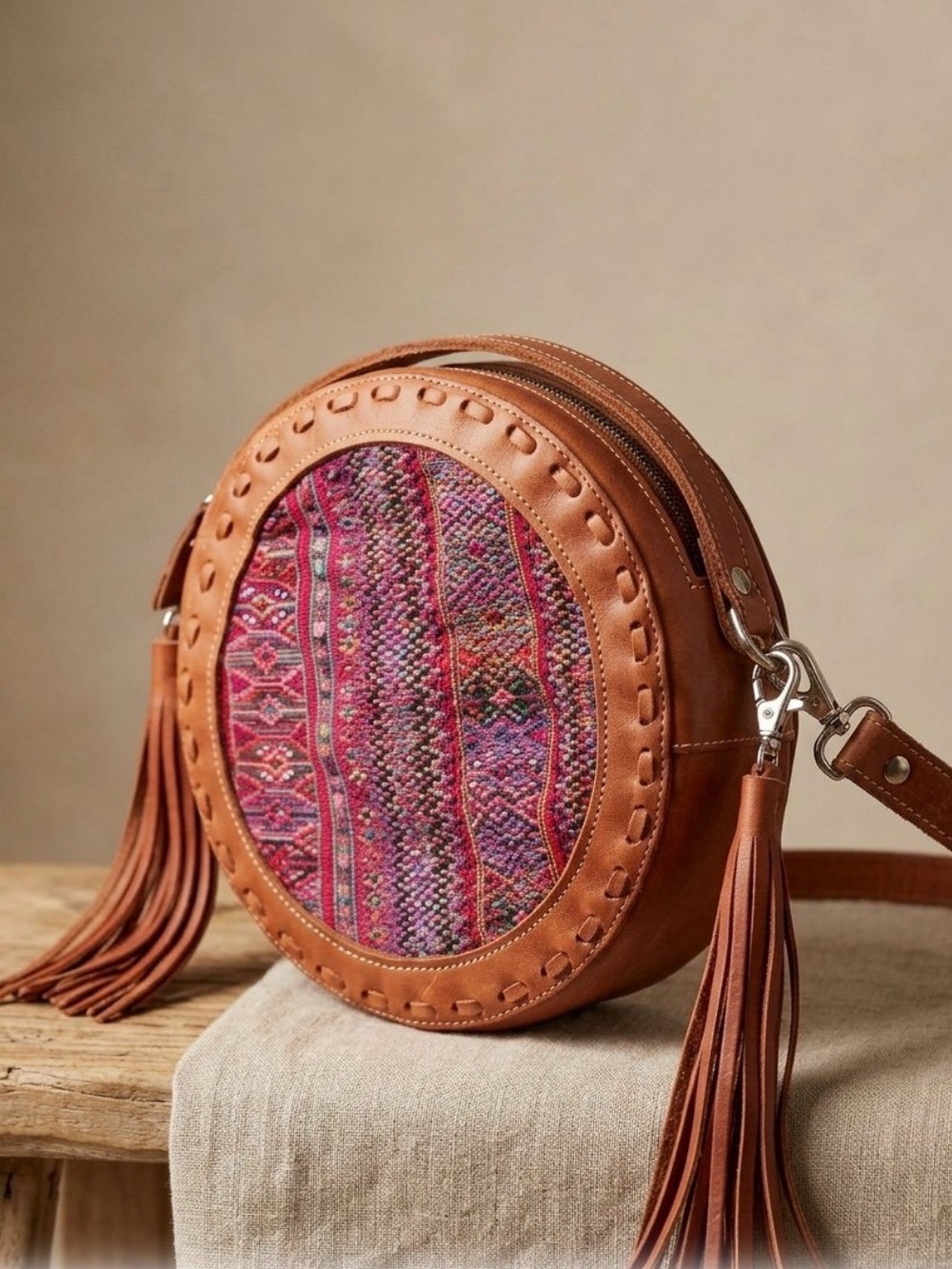 Round “Canteen” Leather Shoulder Bag with Woven Front and Interior
